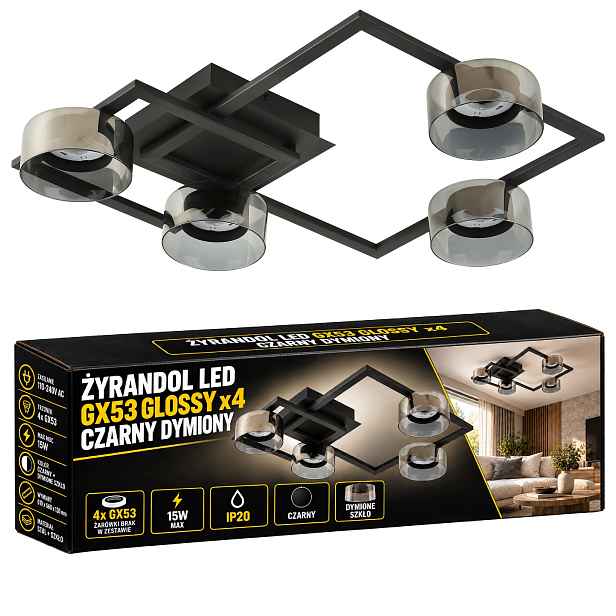stropní svítidlo Led Svítidlo Skleněný lustr 61 cm GX53 Černá Kouřová