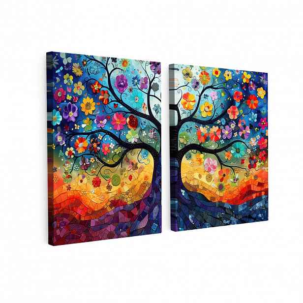 MuchoWow OBRAZ NA PLÁTNĚ 2dílná sada Barevné - Strom života - Květiny - Abstraktní 120x80 cm