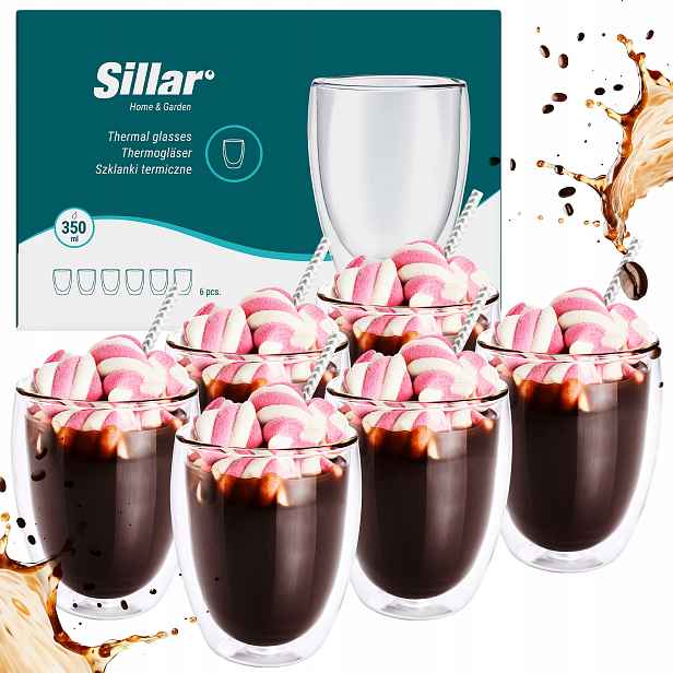 6 x termosklenice 350 ml na kávu latte cappucino, nápoje, dvojité sklo