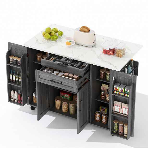 Modfu KUCHYŇSKÝ ostrůvek z MDF 136x70x92 cm šedý s výsuvnou deskou, skrytou zásuvkou a nastavitelnými policemi