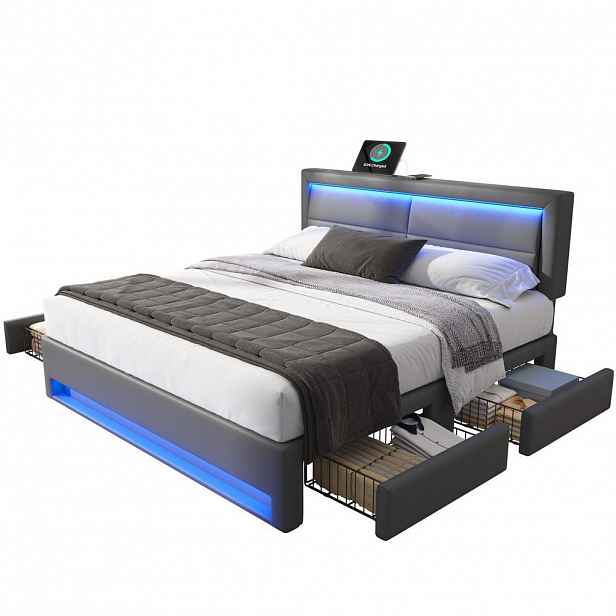 Modfu ČALOUNĚNÁ postel z PU 140x190 cm šedá s LED osvětlením, USB nabíjením a 4 zásuvkami