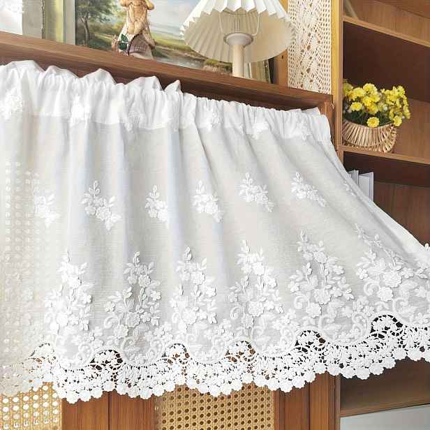 TEMU 1 ks, Francouzská lehká luxusní krátká záclona s reliéfní květinovou výšivkou a krajkou, bílá elegantní šatová záclona, vhodná do kuchyně,