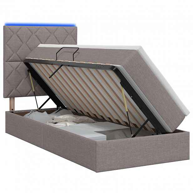 vidaXL LED postel s úložným prostorem a matrací Taupe 100 x 200 cm