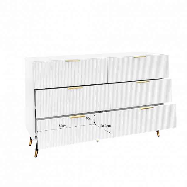 OKWISH KOMODA 120/40/77 cm bílá se zlatými detaily z dřevotřísky se 6 zásuvkami