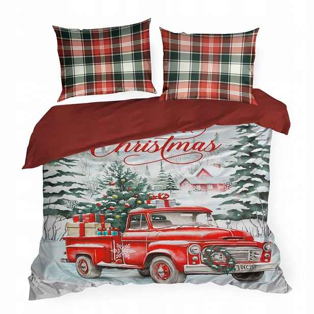 Povlečení Xmas 160x200, bílá červená, Merry Christmas auto