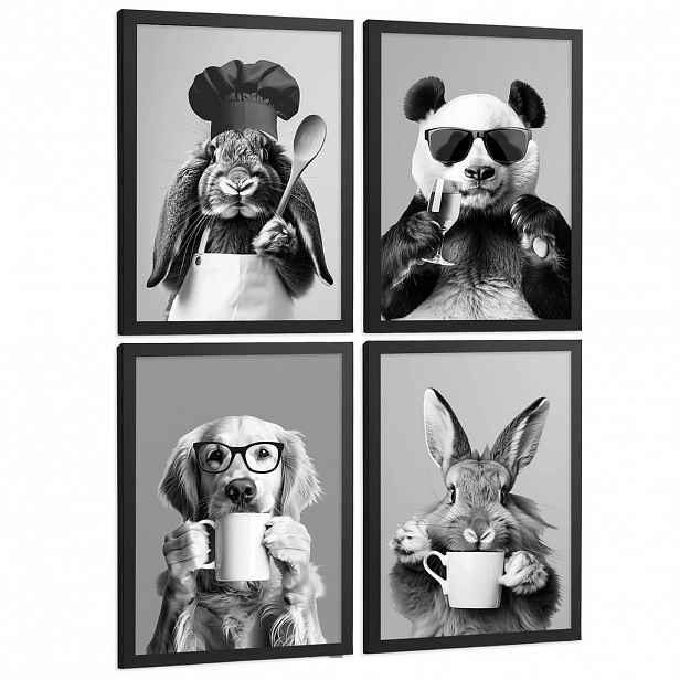 Nacnic PLAKAT Sada 4 Funny Animals byn A3 Černý rám