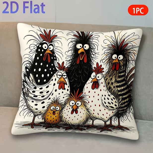 TEMU 2D plochý - 1 ks 2D plochého, 1 ks, povlaky na polštáře, kolekce Chicken Flock, vzorované krátké plyšové povlaky na polštáře, vhodné do
