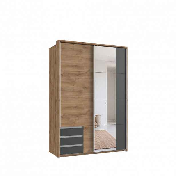 luma-home SKŘÍŇ S VZDUŠNÝMI DVEŘMI, 2dveřová, 138 × 65 × 200 cm (Š×H×V), dub, grafitové zásuvky, pasparta, zrcadlo / 22685