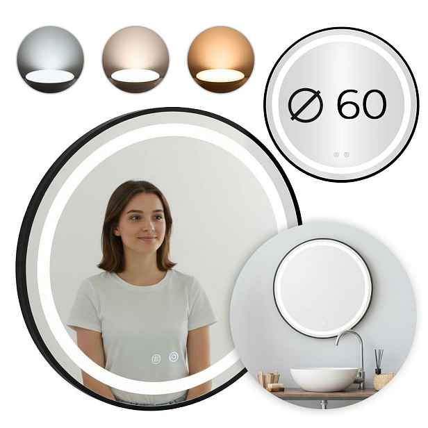 MODERNHOME Kulaté LED zrcadlo SISI 60 cm s 3 teplotami světla černé