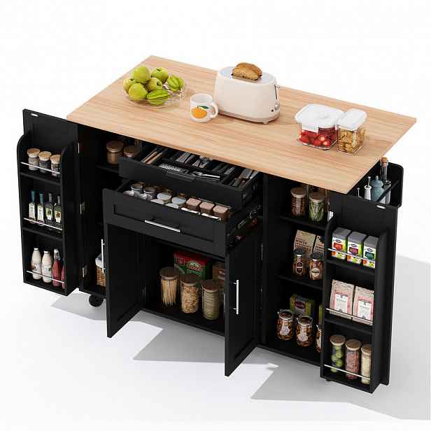 Redom KUCHYŇSKÝ ostrůvek 136/70/92 cm s výsuvnou pracovní deskou, úložným prostorem a kolečky, Černá a přírodní