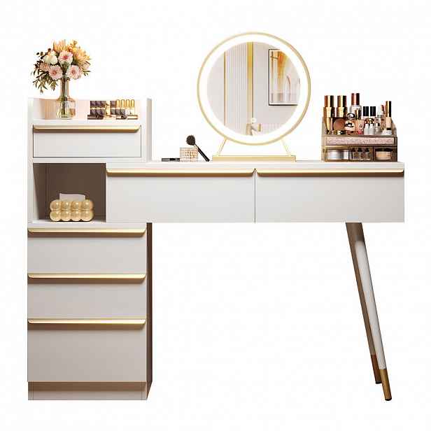 Modfu TOALETNÍ stolek z dřevotřísky 100x41x102 cm bílý s LED zrcadlem, výsuvnou deskou a 6 zásuvkami