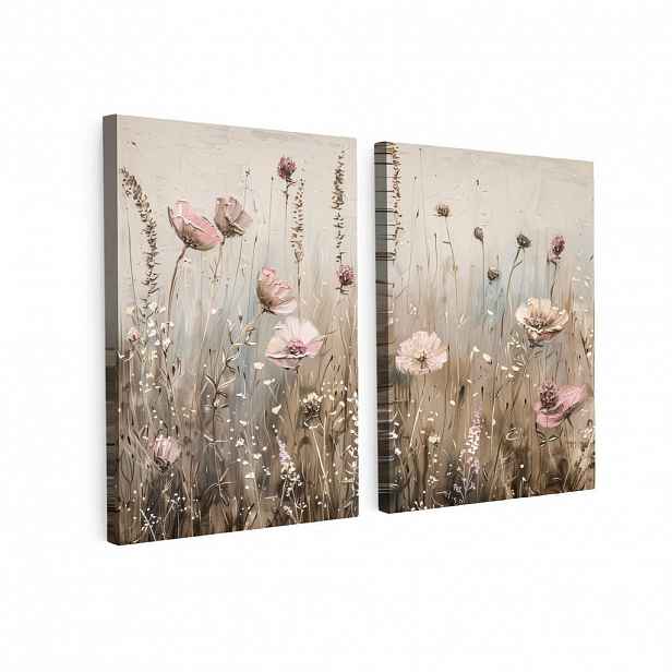 MuchoWow OBRAZ NA PLÁTNĚ 2dílná sada Květiny - béžová - moderní - růžová 100x70 cm