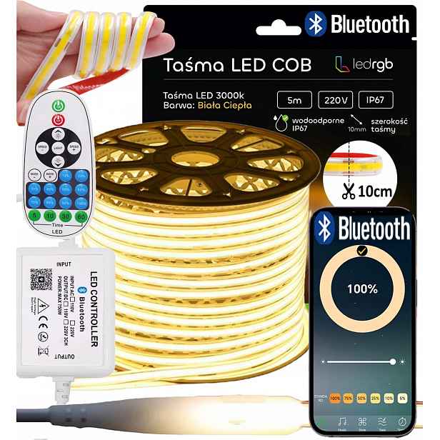 Set Led Pásek Cob 5m 230V Bílý Teplý 3000K Řezaný Každých 10CM Bluetooth