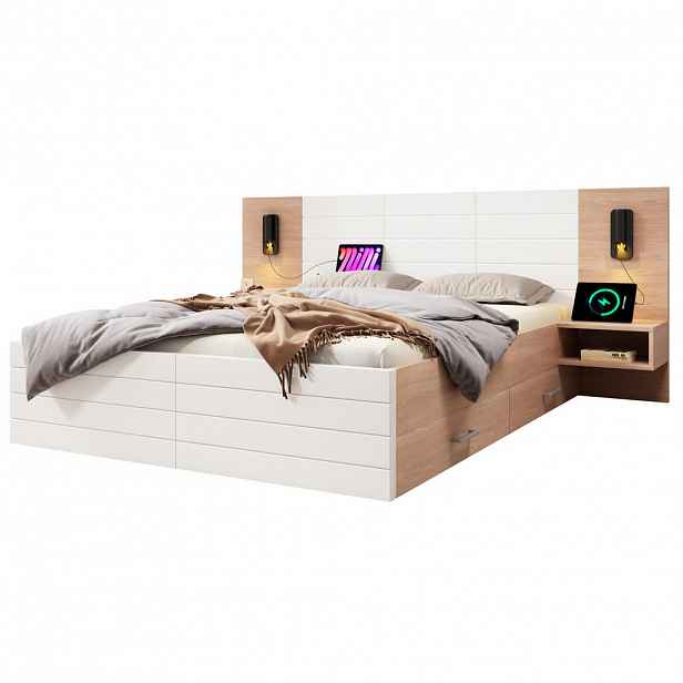 Modfu MANŽELSKÁ postel z masivního dřeva a MDF 140x200 cm bílá/světlý dub s matrací, USB, lampičkou a 2 zásuvkami