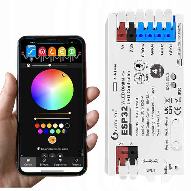 Led ovladač Wled Rgb WiFi ESP32 Home Assistant WS281x Mikrofon 4 Kanály