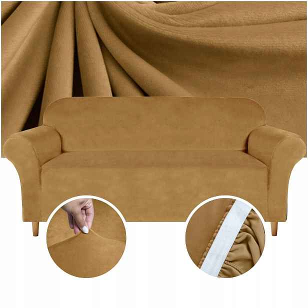 Potah Na Pohovku 4 Os Elastický Univerzální Velvet Velur Zlatý XL