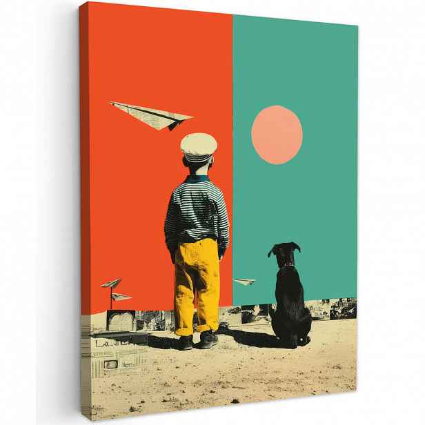 MuchoWow OBRAZ NA PLÁTNĚ Retro - Chlapec - Pes - Červená - Zelená 60x80 cm