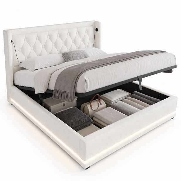 STILVORA ČALOUNĚNÁ POSTEL 140/200 cm bílá, úložný prostor, LED, USB, Type-C, PU kůže