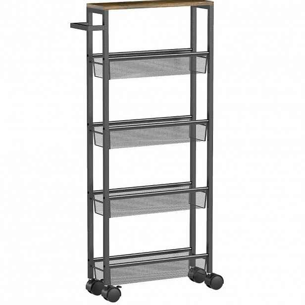 Modfu SERVÍROVACÍ vozík z kovu a dřeva 47x13x96,5 cm černý s 5 úrovněmi, pracovní deskou a kolečky