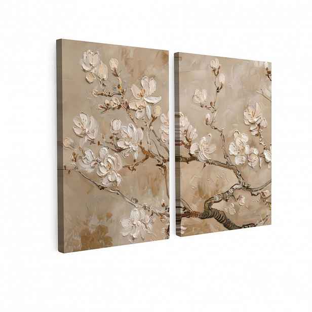 MuchoWow OBRAZ NA PLÁTNĚ 2dílná sada Béžová - Blossom - Moderní 80x60 cm