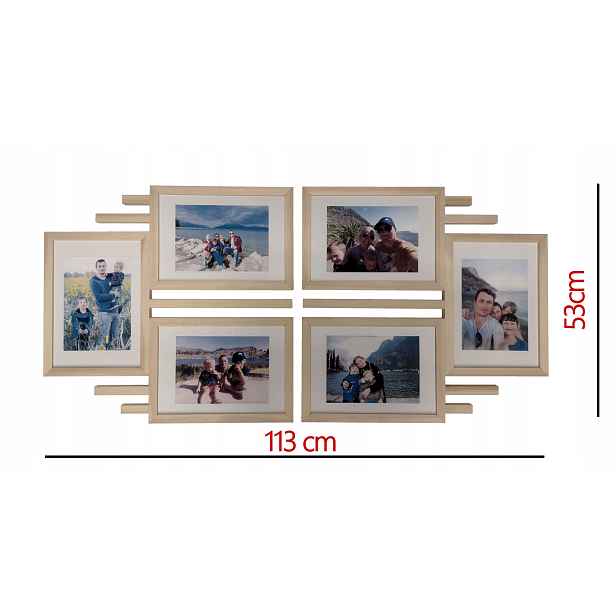 Dřevěný multirám na 6 fotografií A4 21 x 29,7 cm, šířka 113 cm, výška 53 cm, Rámeček