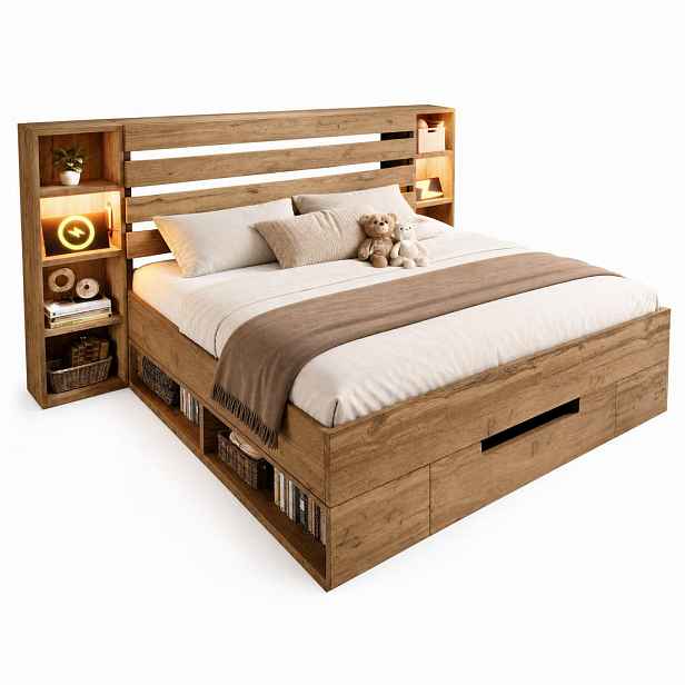 STILVORA POSTEL S NOČNÍMI STOLKY 180/200 cm dubová, 2 zásuvky, LED, USB a Type-C