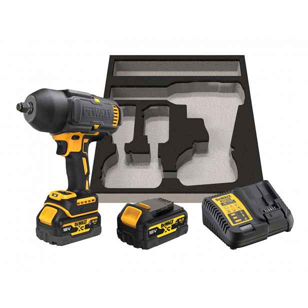 DeWALT - 18V AKU rázový utahovák, 2x aku 5,0 Ah XR, gumový kryt, nabíječka DCF900P2G
