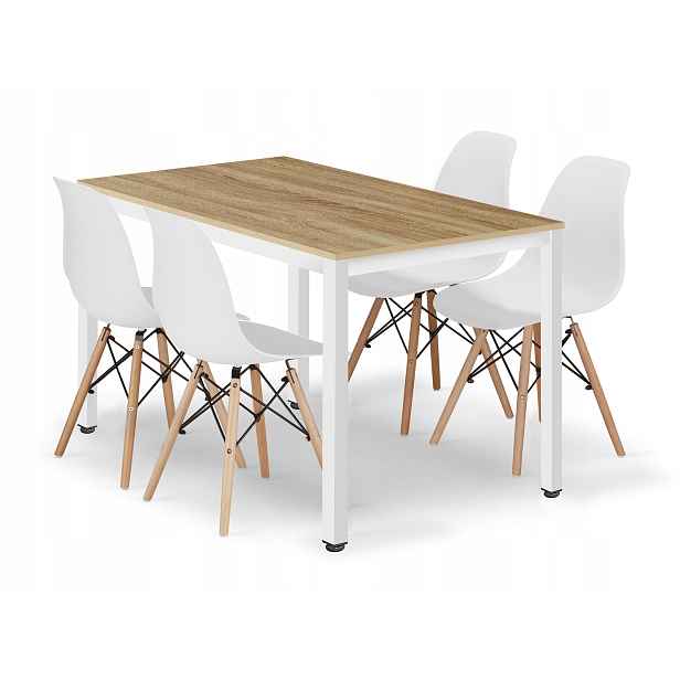 Jídelní set stůl 120x60 cm v dekoru dub sonoma a 4 bílé skandinávské židle do jídelny