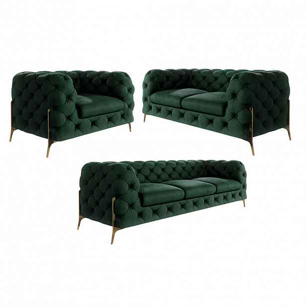 S-Style CHESTERFIELD SEDACÍ SOUPRAVA 3+2+1 Lexi v lahvově zelené se zlatými nohami