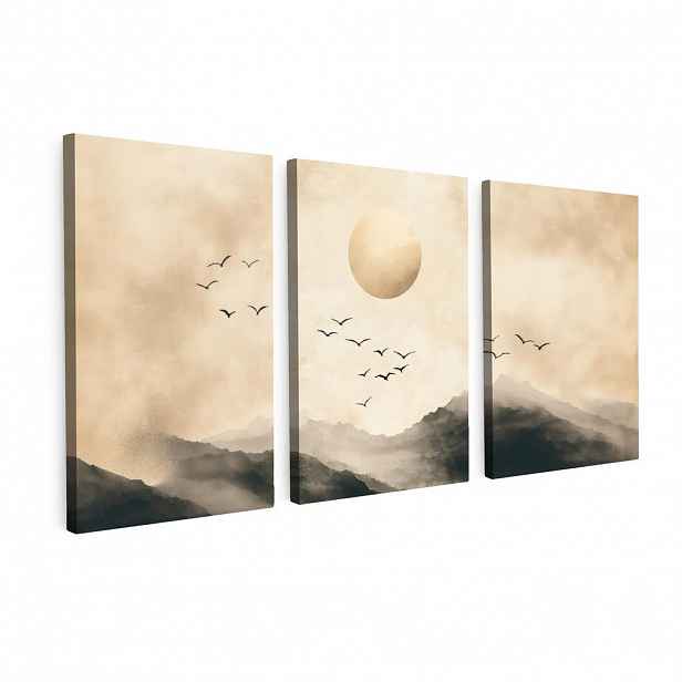 MuchoWow OBRAZ NA PLÁTNĚ 3dílná sada Krajina - Japonsko - Béžová - Ptáci 120x60 cm