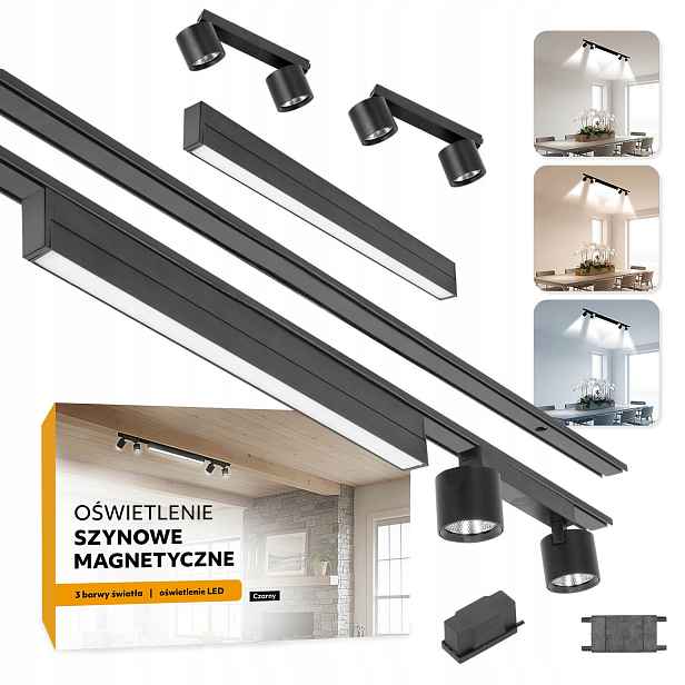 Magnetické kolejnicové osvětlení 2xSZYNA 1m +20W a 2x2x7W černé 5 let shonu