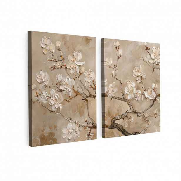 MuchoWow OBRAZ NA PLÁTNĚ 2dílná sada Béžová - Blossom - Moderní 120x80 cm