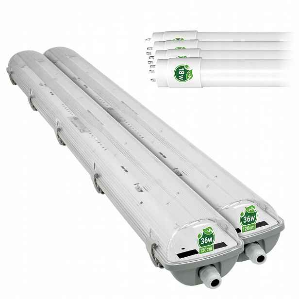 2x Hermetické Led svítidlo Plech 120 cm 4x Zářivka Tuba G13 18W Sada