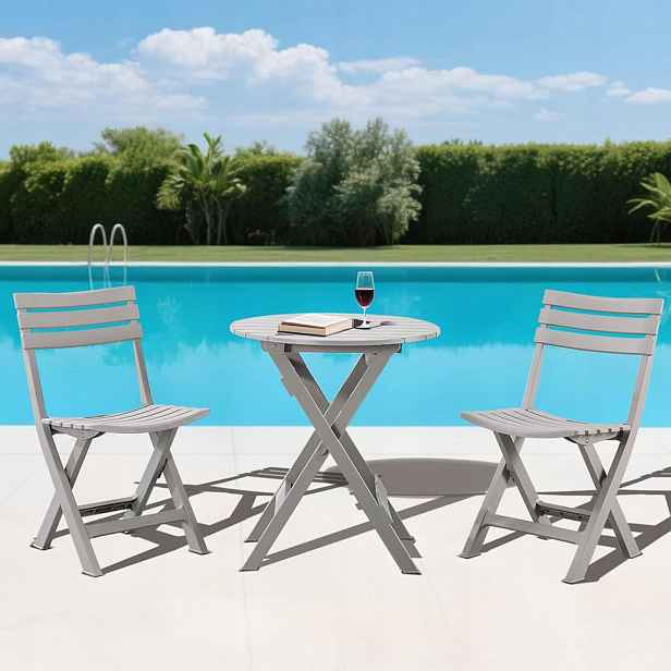 Zahradní bistro set šedý stůl 2 židle na balkon terasa zahrada
