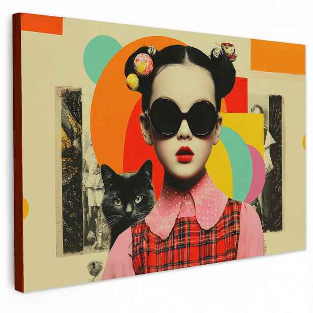 MuchoWow OBRAZ NA PLÁTNĚ Dívka - Sluneční brýle - Kočka - Retro 30x20 cm