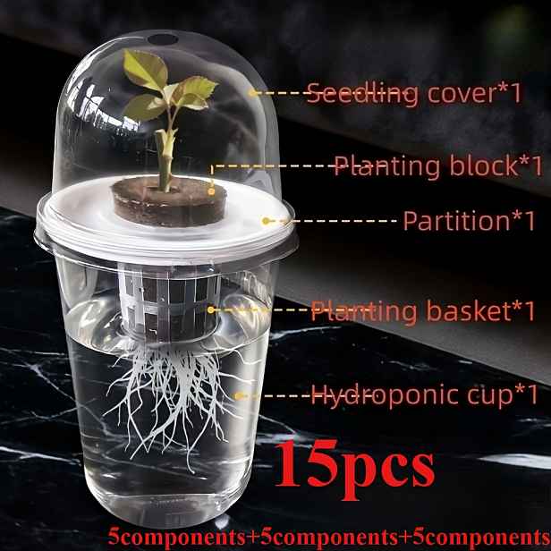 TEMU 15 ks (5 komponentů + 5 komponentů + 5 komponentů) Hydroponický květináč na semena Plastový transparentní válcový - Hydroponická sada pro