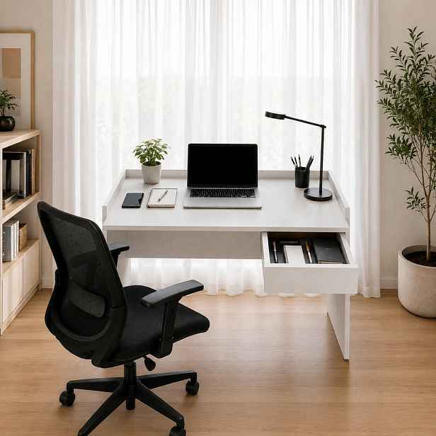 The White Stone MODERNÍ Bílý Psací Stůl Zásuvka Betonový efekt ; PC Stůl Home Office Práce Studium Úspora Místa