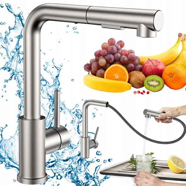 Kuchyňská Dřezová Baterie Stojánková S Kohoutkem S Vytahovací Sprškou Ocel
