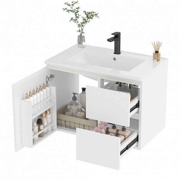 Modfu KOUPELNOVÁ skříňka s umyvadlem z MDF 76x46x50 cm bílá s keramickým umyvadlem, LED radarovým osvětlením a závěsným provedením