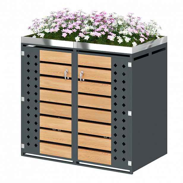 Modfu BOX na odpadkové koše z oceli 132x80x124 cm šedá s dekorem dřeva, uzamykatelná
