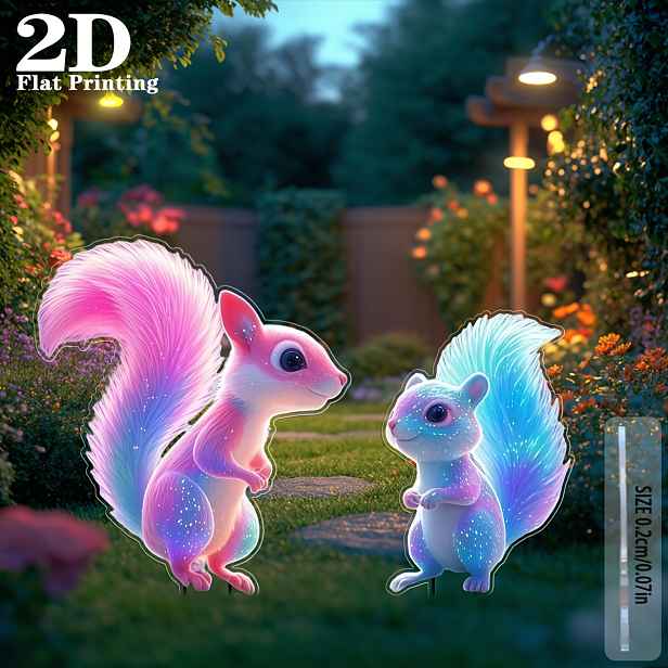 TEMU 2D Plochý, [2D Plochý] 2D Plochý, 2ks Barevná Fluorescenční Sada Dekorací Veverky na Zahradní Kolík, Bez Potřeby Elektřiny, Vhodné pro Trávníky,