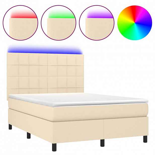 vidaXL Box spring postel s matrací a LED krémová 140x190 cm textil