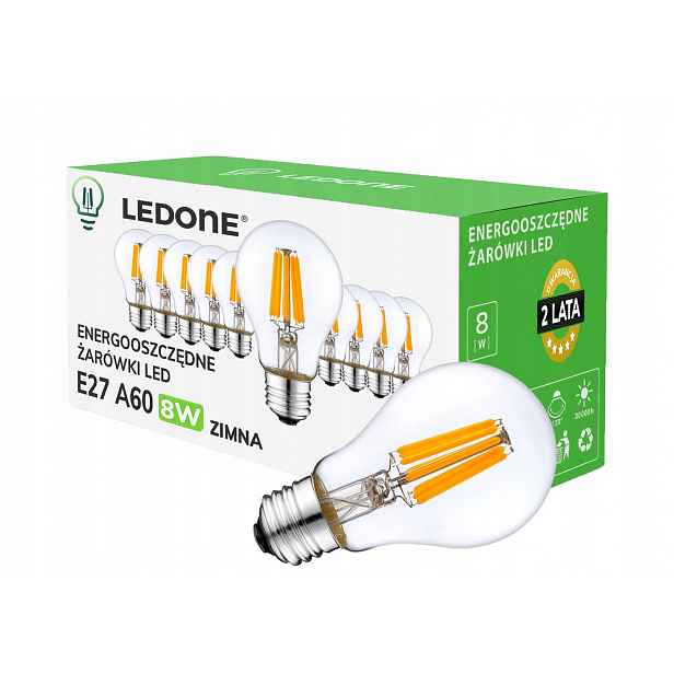 10x Led filamentová žárovka E27 A60 8W bílá Studená retro Clear Led sada