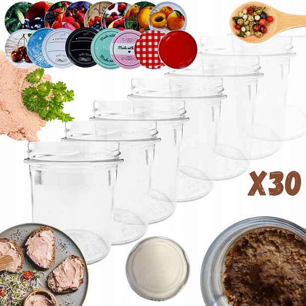 Sklenice 346 ml 30 Kompletů s Víkem sklenice na paštiku, džemy, houby 82 mm