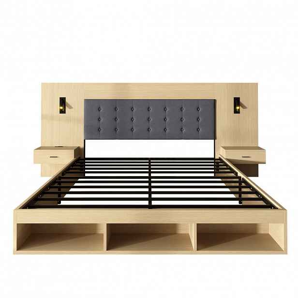 Urban Meuble POSTEL 180 × 200 cm Světlý dub s úložným prostorem, USB-C a lampičkami