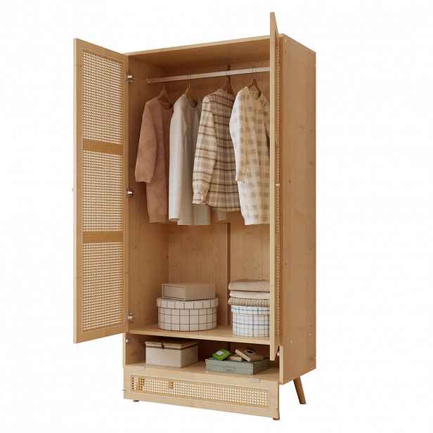 Modfu ŠATNÍ skříň z dřevotřísky 90x45x183 cm přírodní s tyčí na šaty, výklopným spodním úložným prostorem a ratanovým vzhledem