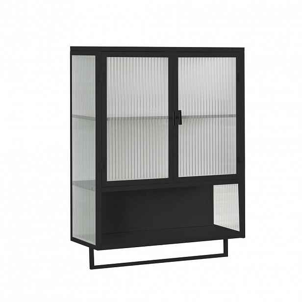 Modfu NÁSTĚNNÁ skříňka z kovu a skla 60x23x78 cm černá se 2 dvířky, otevřenou policí a držákem na ručník