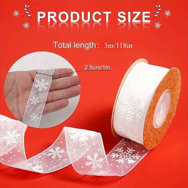 TEMU Bílá drátěná vánoční stuha se vzory sněhových vloček - Klasická navíjecí stuha na balení dárků, lemování krabic, celoroční sváteční dekorace
