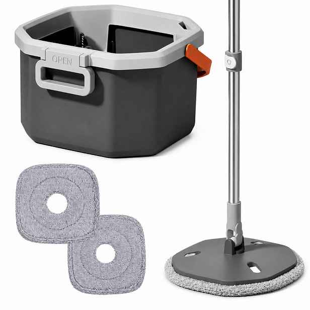 Relaxdays MOP Antracit Šedá Oranžová rotační-kbelík 6 l oddělená voda 2dílná-sada mikrovlákno tyč