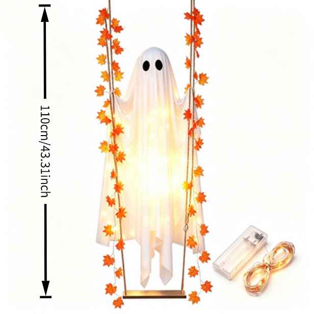 TEMU Sada 2 ks: Napodobenina houpací sady s javorovým a LED řetězovými světly. Halloweenská svítící dekorace s houpacím javorovým , měřící 110 cm.